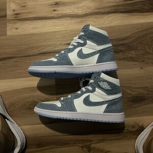 Jordan Men’s High-Top Sneakers in White and Light Blue Denim